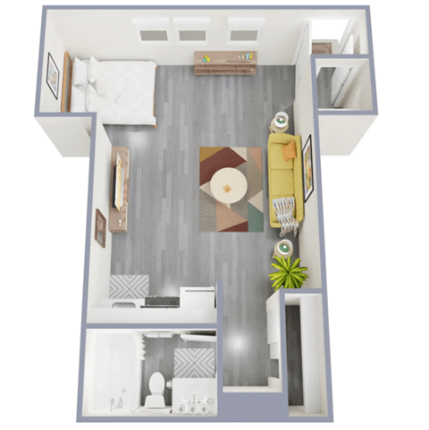 a stylized floor plan with a bedroom and a living room